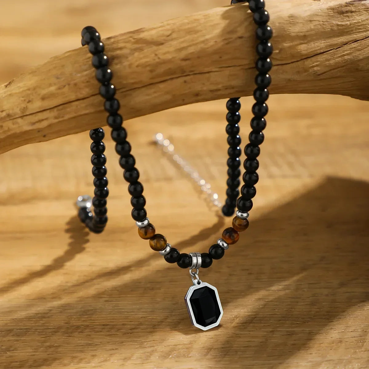 Black Beads with Square Pendant Necklace for Men