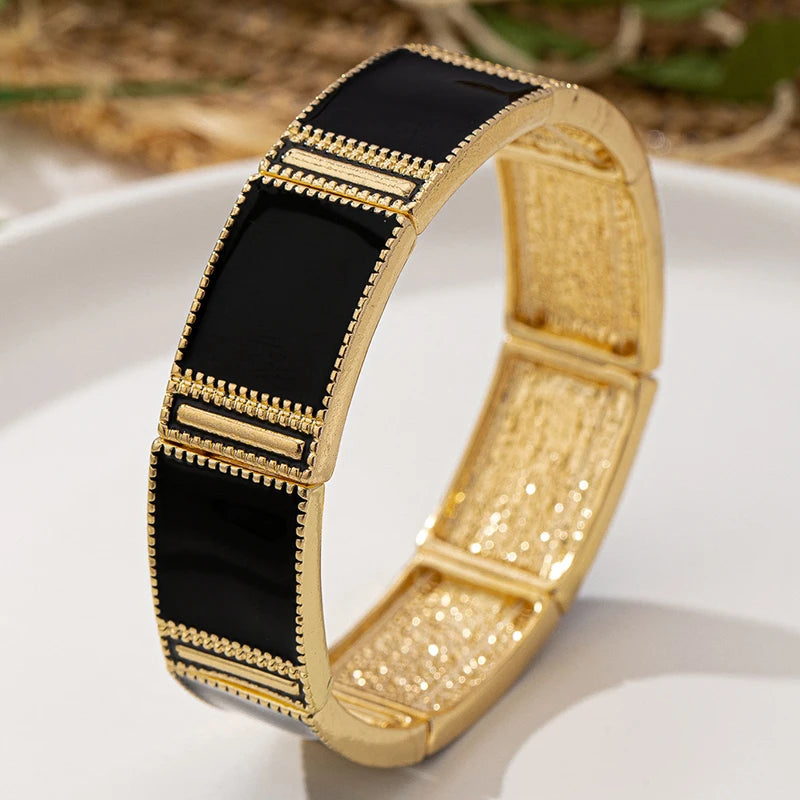 Black Enamel Geometric Fashion Jewelry Classic Elastic Bangle