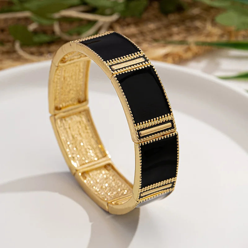 Black Enamel Geometric Fashion Jewelry Classic Elastic Bangle