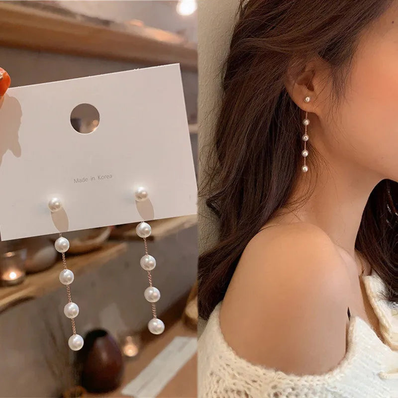 New Trend Simulation Pearl Flower Rhinestone Long Earrings for Women