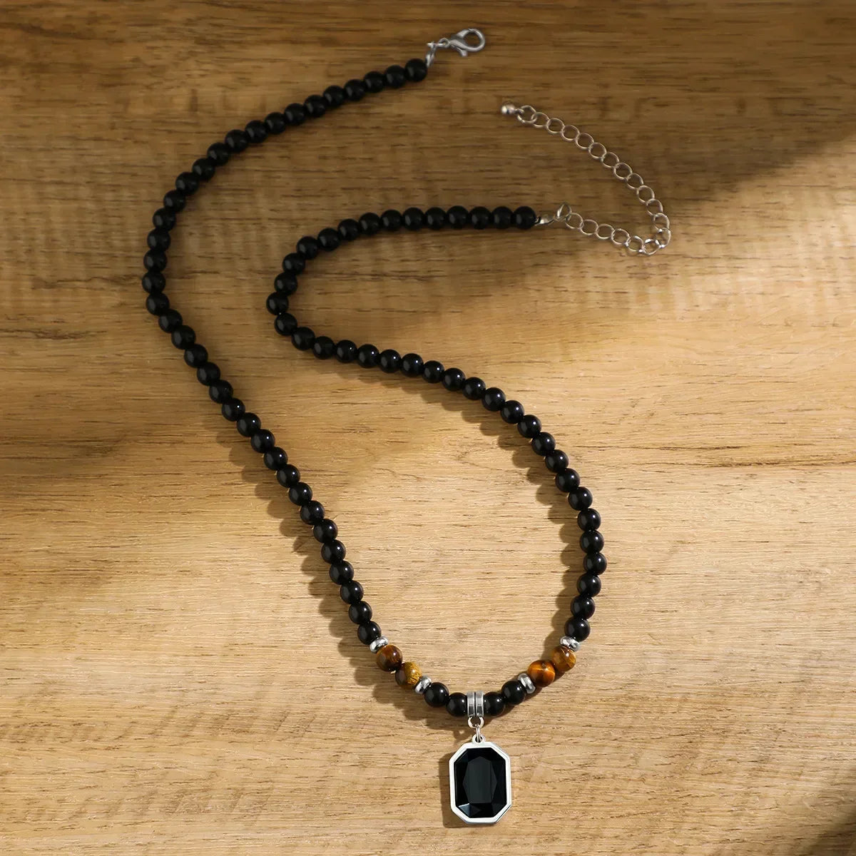 Black Beads with Square Pendant Necklace for Men