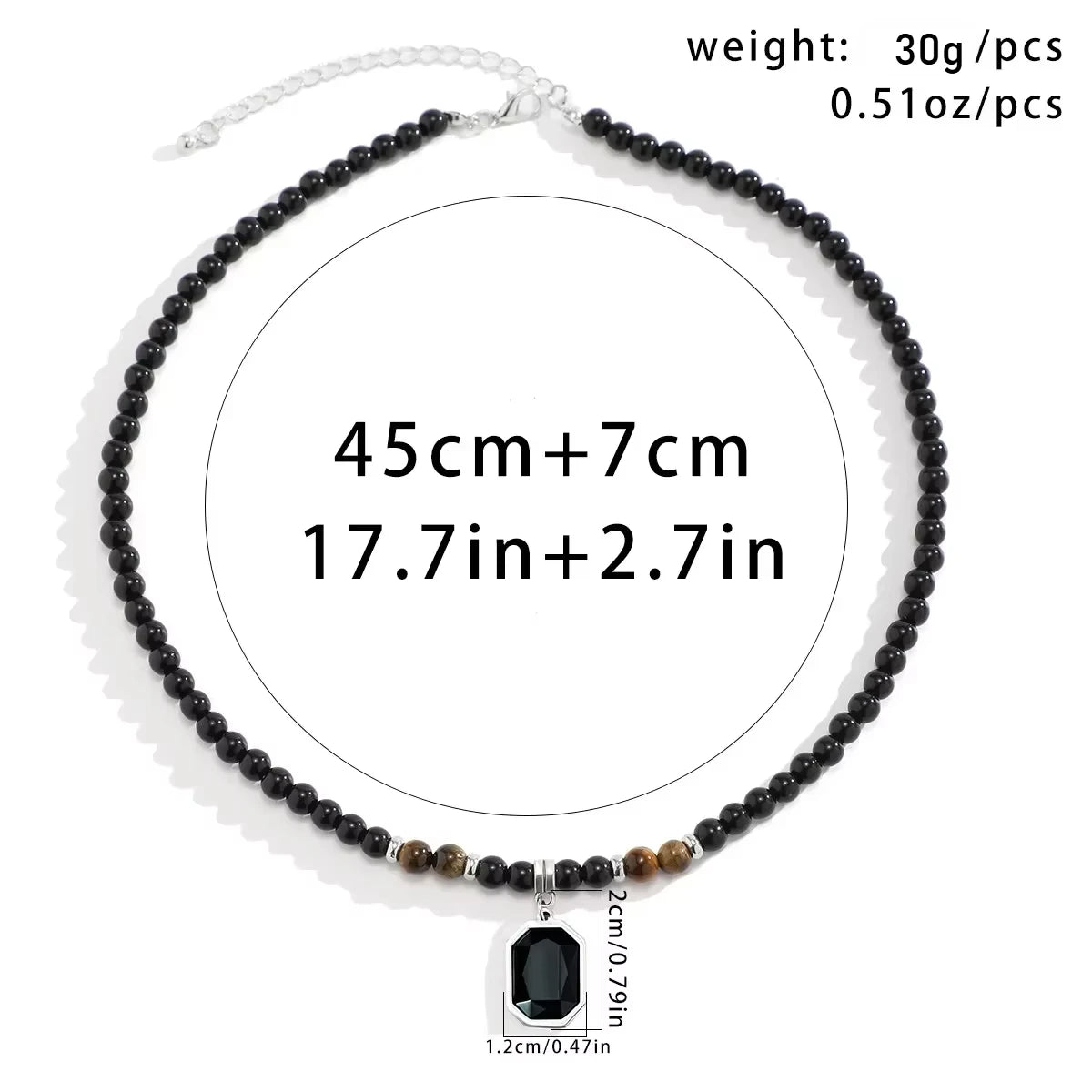 Black Beads with Square Pendant Necklace for Men