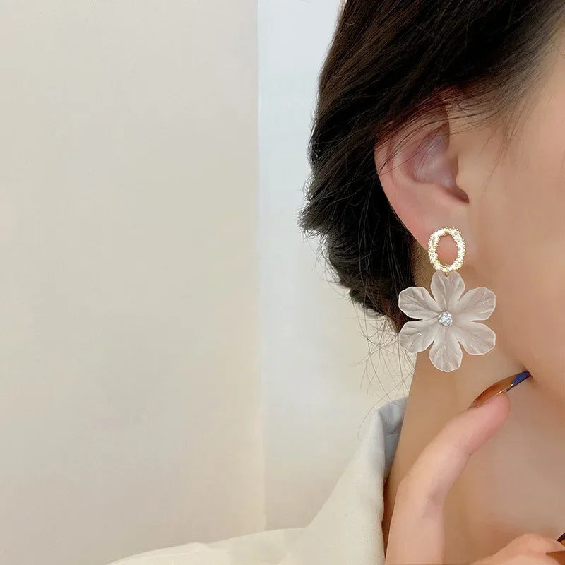 Translucent White Flower Hanging Earrings for Women