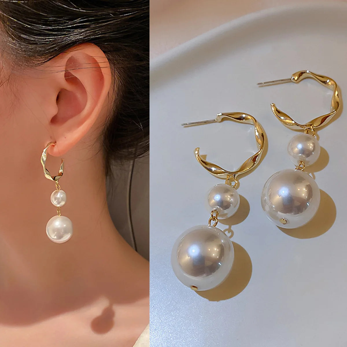 New Trend Simulation Pearl Flower Rhinestone Long Earrings for Women