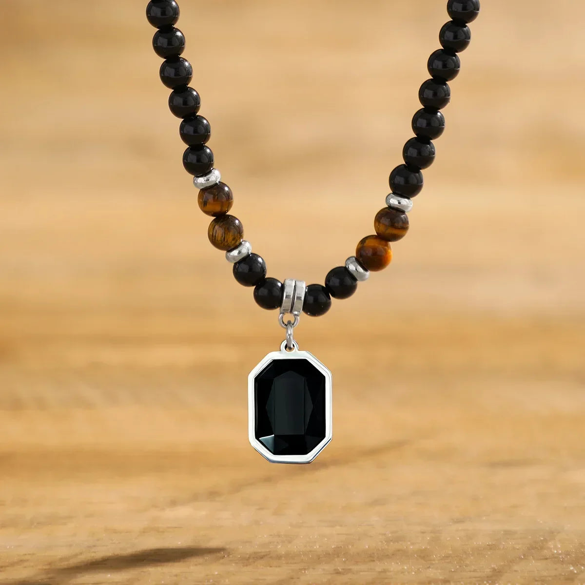 Black Beads with Square Pendant Necklace for Men