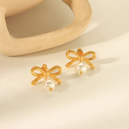 Golden Bow Pearl Studs