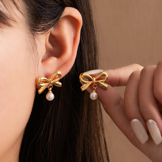 Golden Bow Pearl Studs