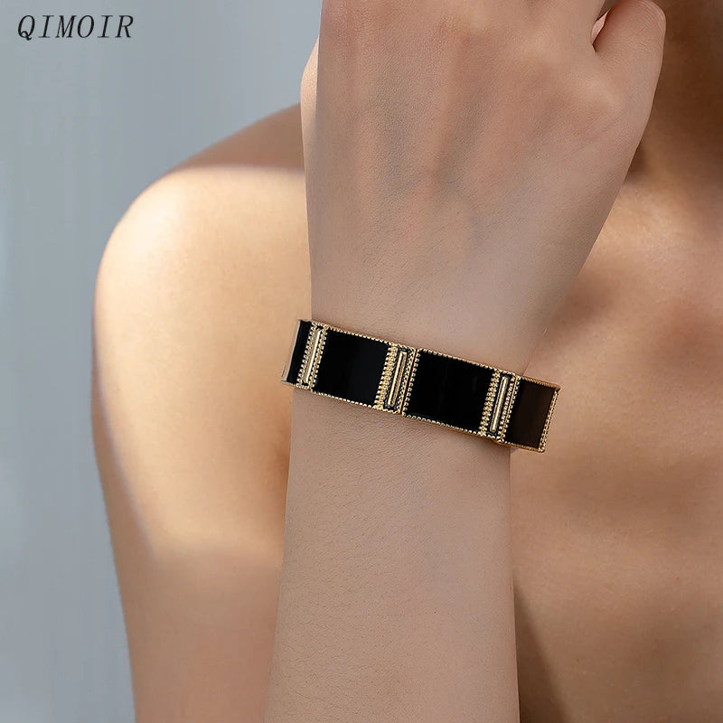 Black Enamel Geometric Fashion Jewelry Classic Elastic Bangle