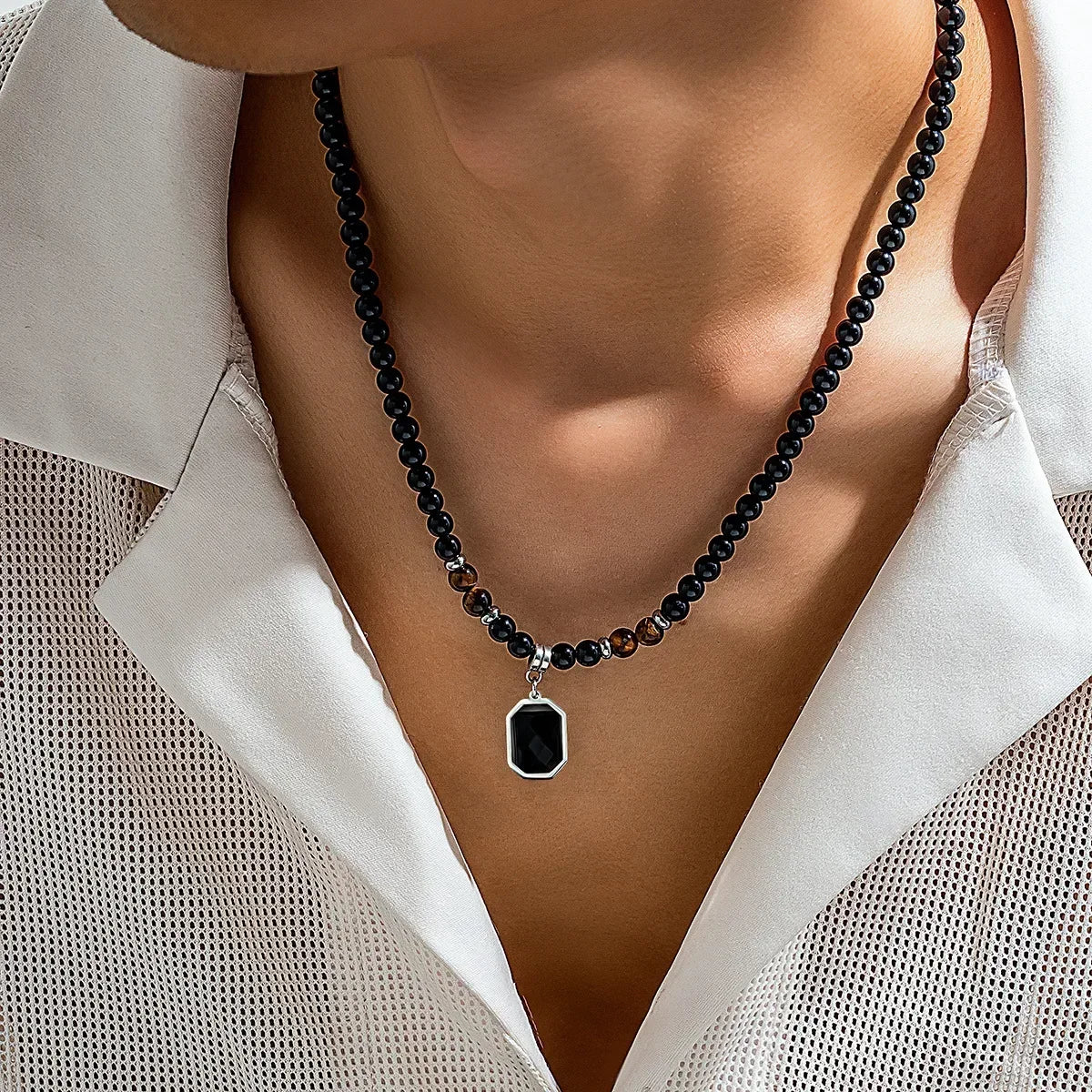 Black Beads with Square Pendant Necklace for Men